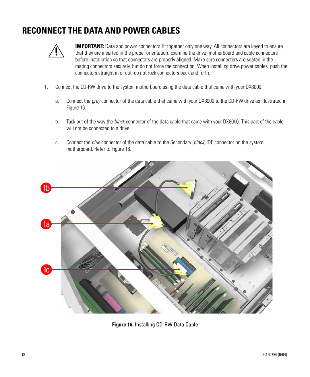 Pelco Dx8000 manual Reconnect the Data and Power Cables, Installing CD-RW Data Cable 