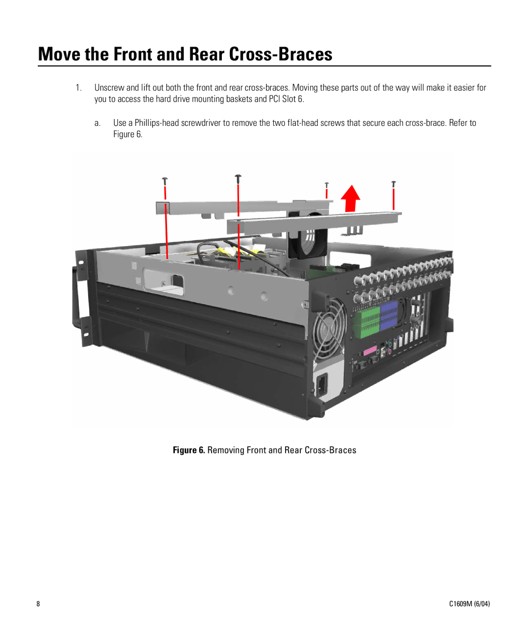 Pelco Dx8000 manual Move the Front and Rear Cross-Braces, Removing Front and Rear Cross-Braces 