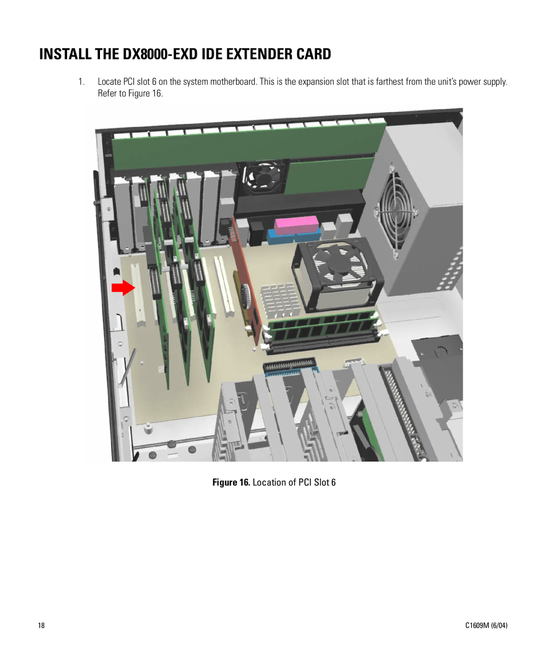 Pelco Dx8000 manual Install the DX8000-EXD IDE Extender Card, Location of PCI Slot 