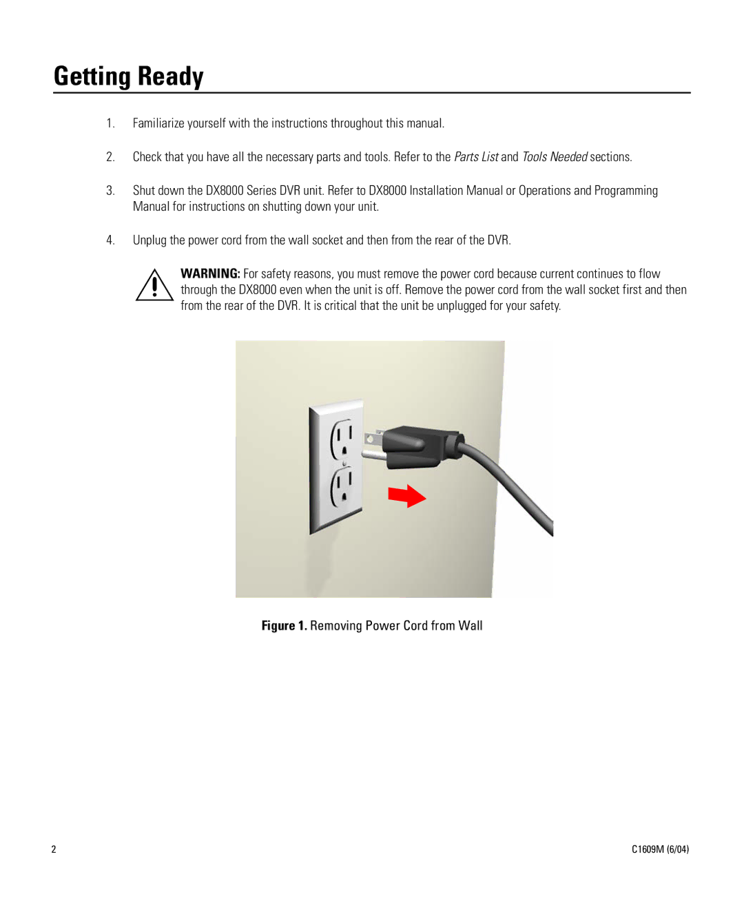 Pelco Dx8000 manual Getting Ready, Removing Power Cord from Wall 