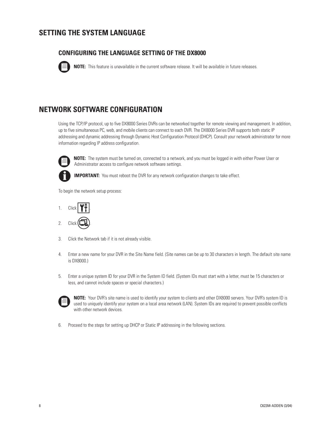 Pelco Dx8000 installation manual Setting the System Language 