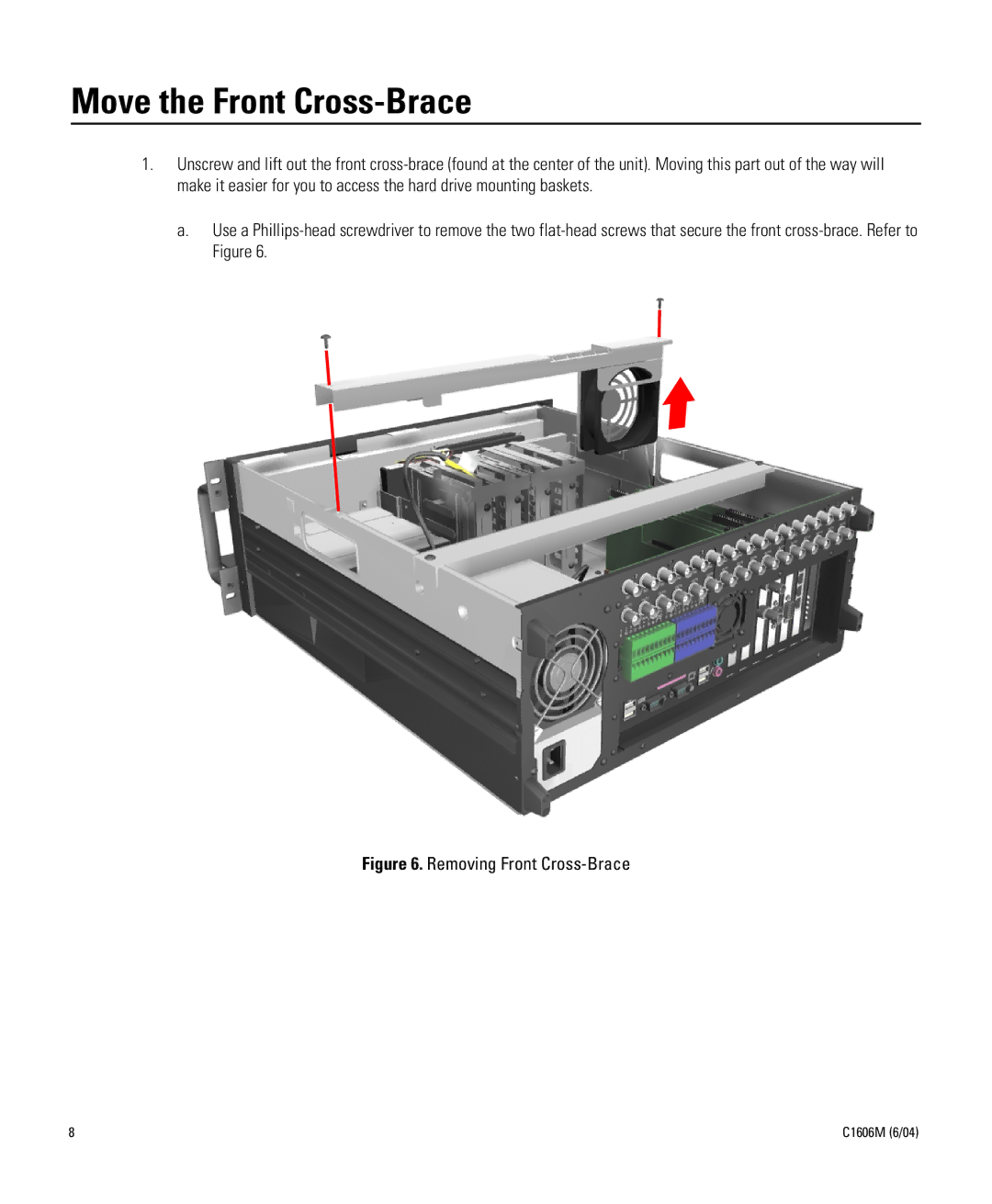 Pelco Dx8000 manual Move the Front Cross-Brace, Removing Front Cross-Brace 