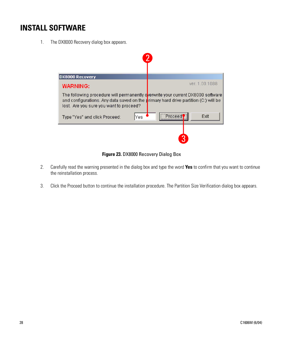 Pelco Dx8000 manual Install Software, DX8000 Recovery dialog box appears 