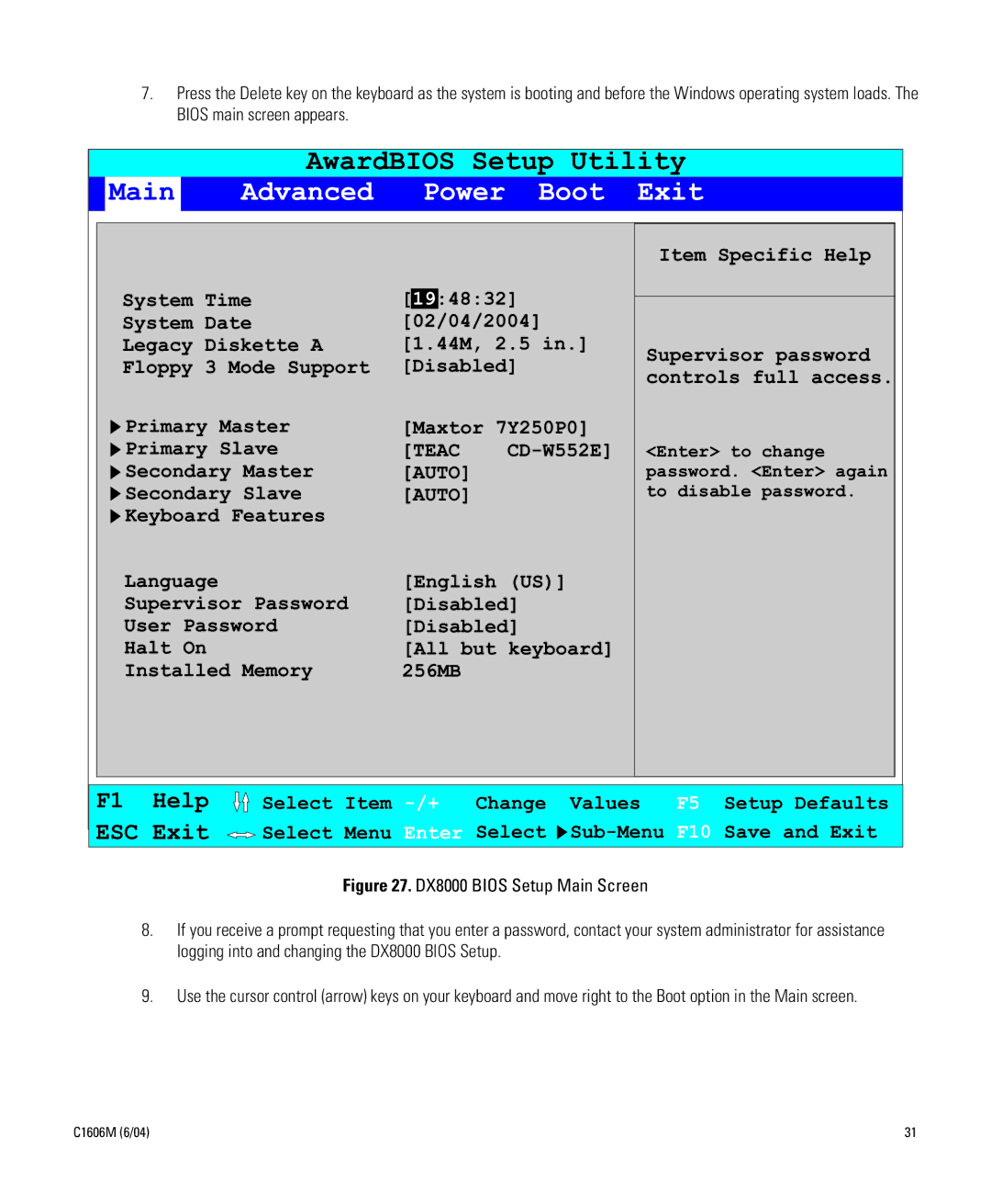 Pelco Dx8000 manual AwardBIOS Setup Utility 