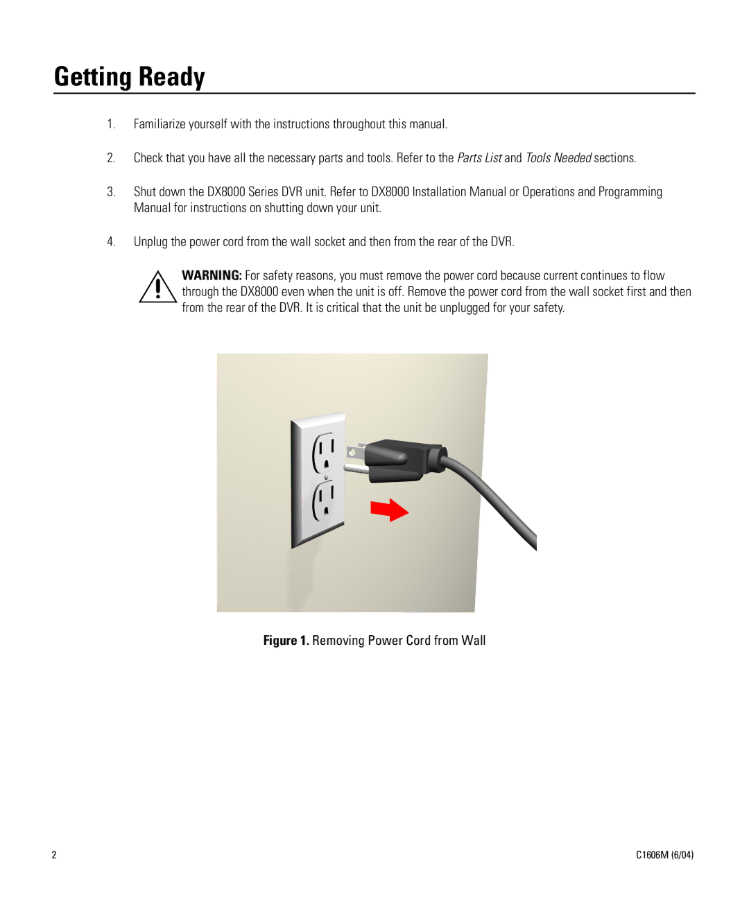 Pelco Dx8000 manual Getting Ready, Removing Power Cord from Wall 