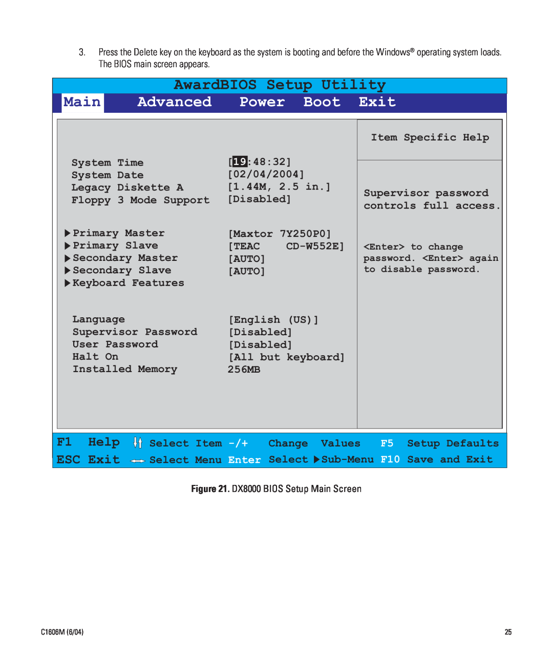 Pelco Dx8000 manual AwardBIOS Setup Utility, Main, Advanced Power Boot Exit 