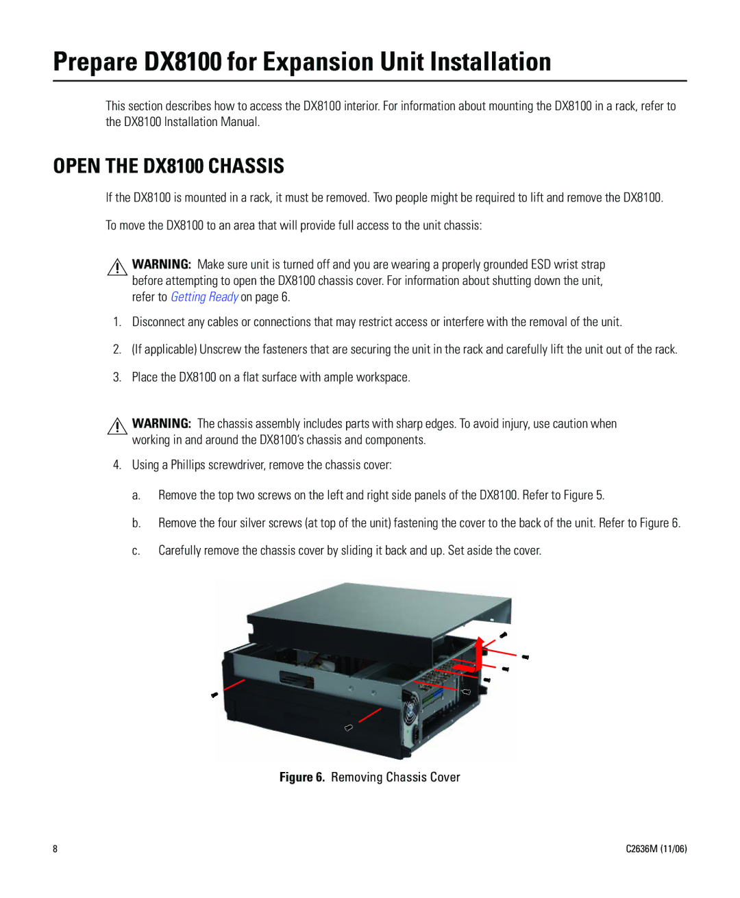 Pelco dx8100-exp installation manual Prepare DX8100 for Expansion Unit Installation, Open the DX8100 Chassis 