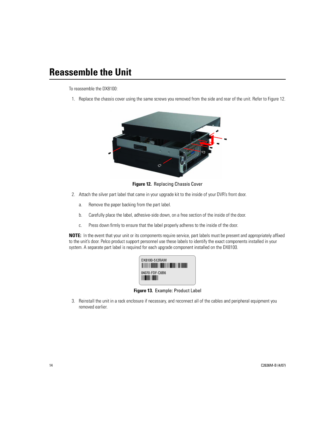 Pelco dx8100-exp installation manual Reassemble the Unit, To reassemble the DX8100 