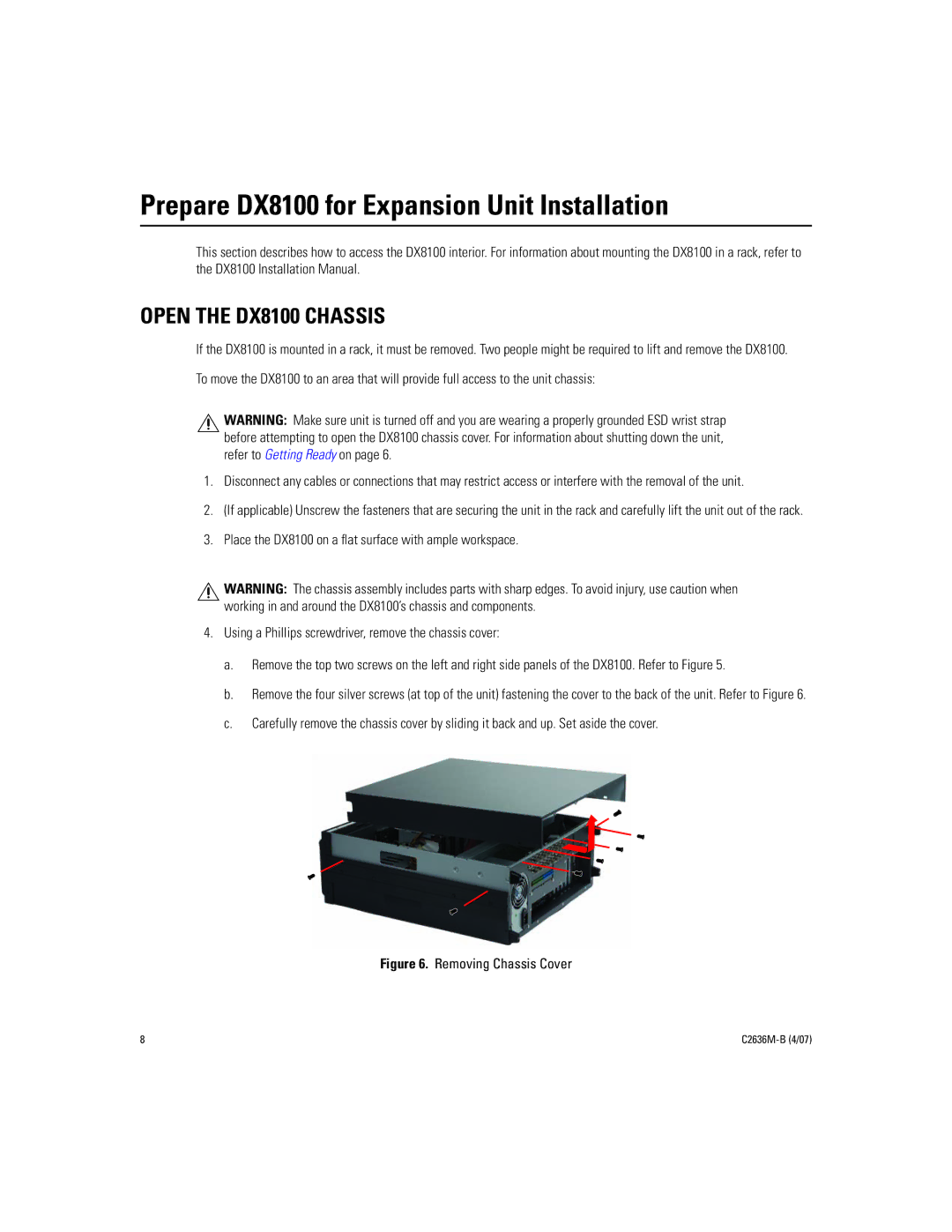 Pelco dx8100-exp installation manual Prepare DX8100 for Expansion Unit Installation, Open the DX8100 Chassis 