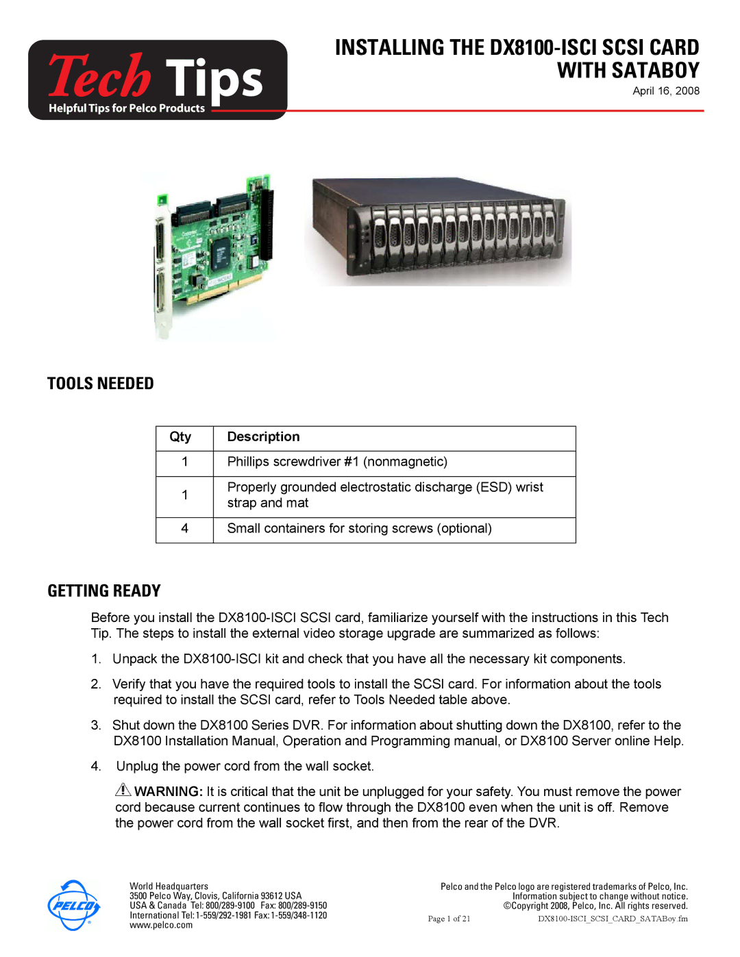 Pelco DX8100-ISCI installation manual Tools Needed, Getting Ready, Qty Description 