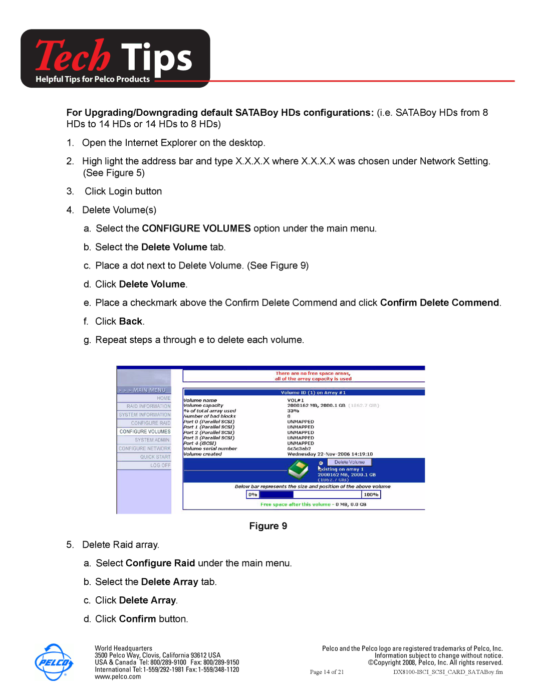 Pelco DX8100-ISCI installation manual Click Delete Volume, Click Delete Array 