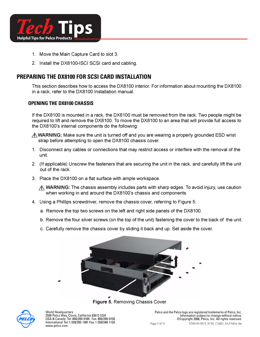 Pelco DX8100-ISCI installation manual Preparing the DX8100 for Scsi Card Installation, Opening the DX8100 Chassis 