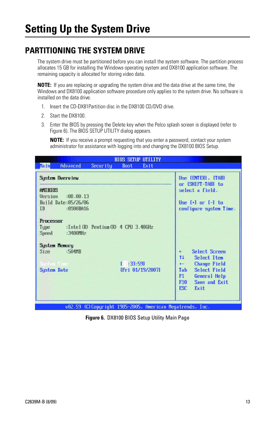 Pelco DX8100 Series manual Setting Up the System Drive, Partitioning the System Drive 