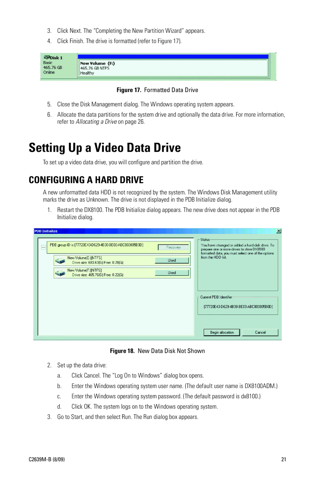 Pelco DX8100 Series manual Setting Up a Video Data Drive, Configuring a Hard Drive 