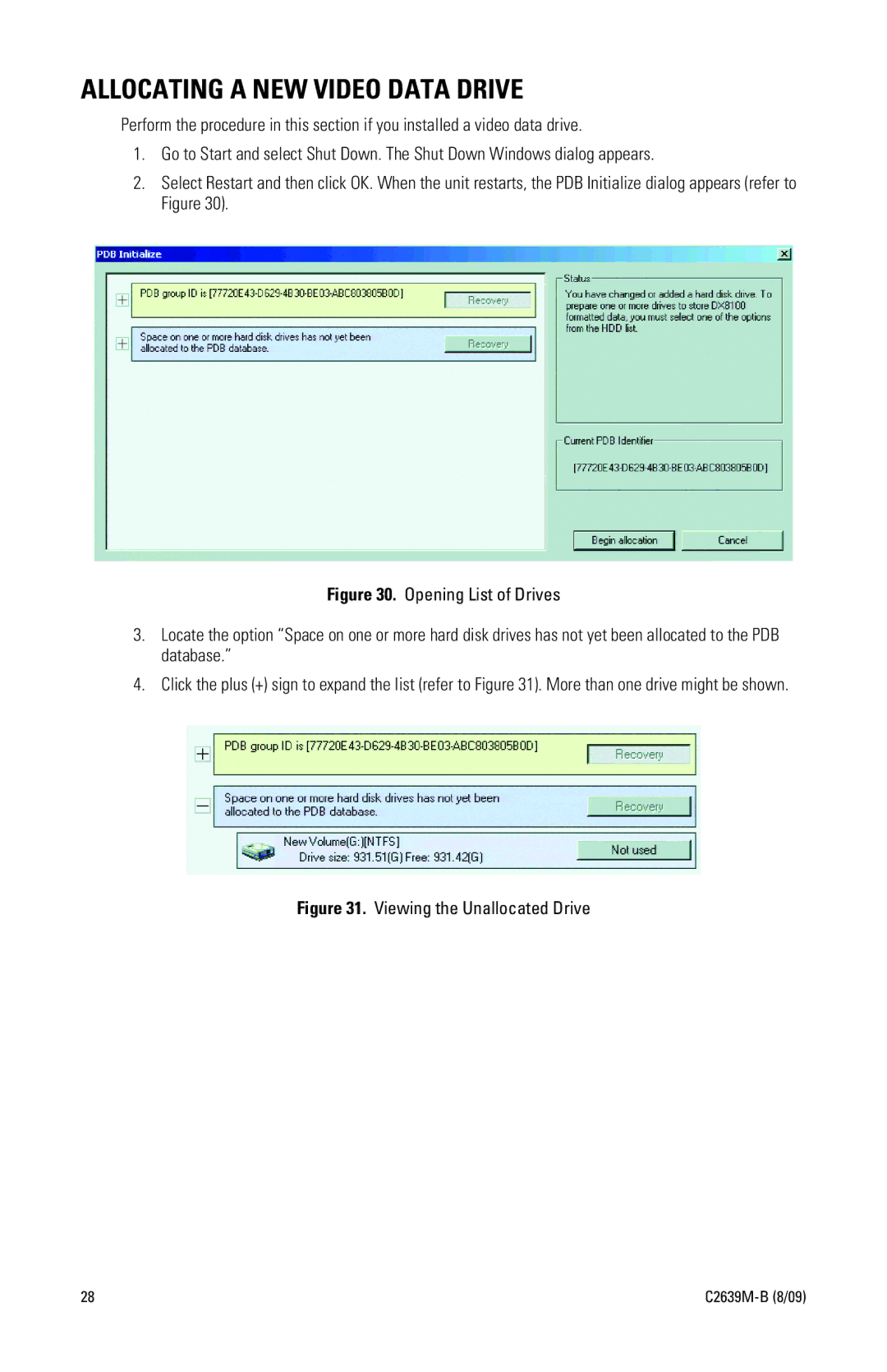 Pelco DX8100 Series manual Allocating a NEW Video Data Drive, Viewing the Unallocated Drive 