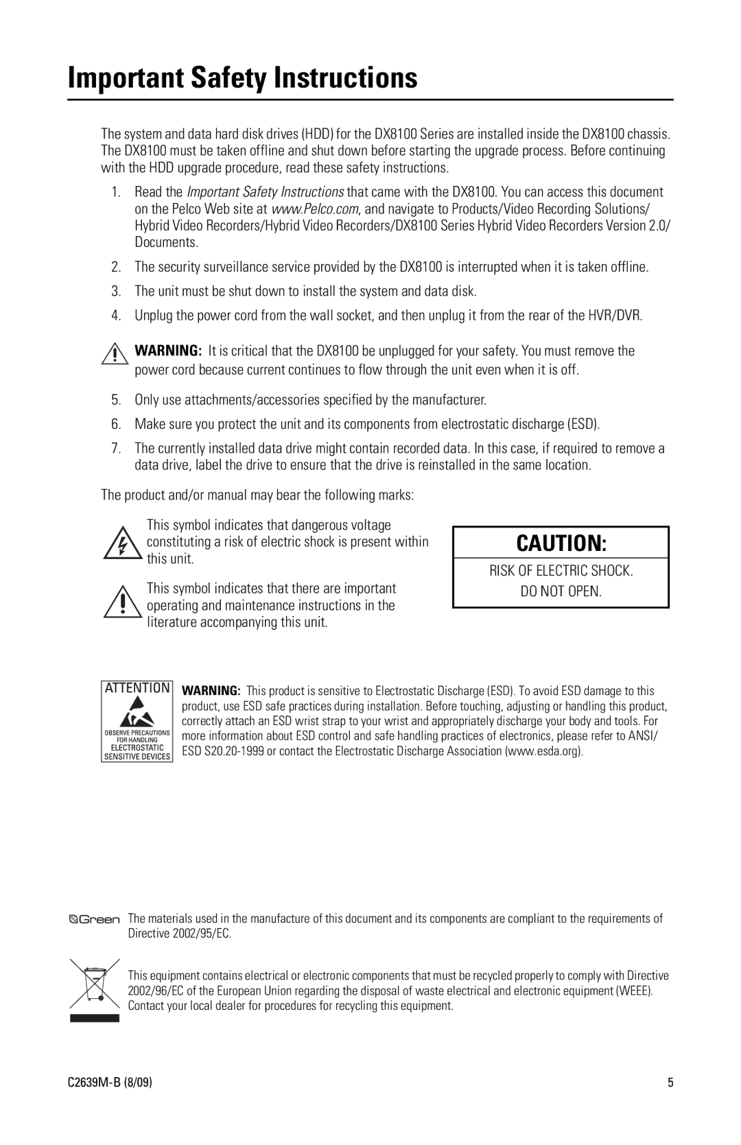 Pelco DX8100 Series manual Important Safety Instructions, Unit must be shut down to install the system and data disk 