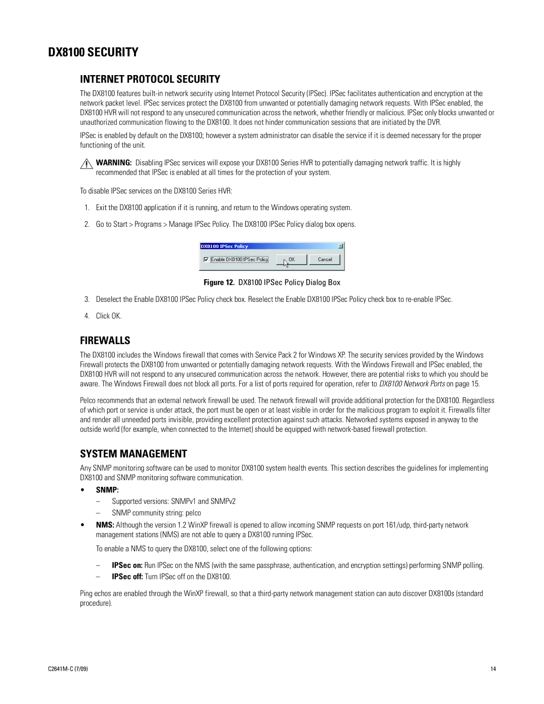 Pelco dx8100 manual DX8100 Security, Internet Protocol Security, Firewalls, System Management 