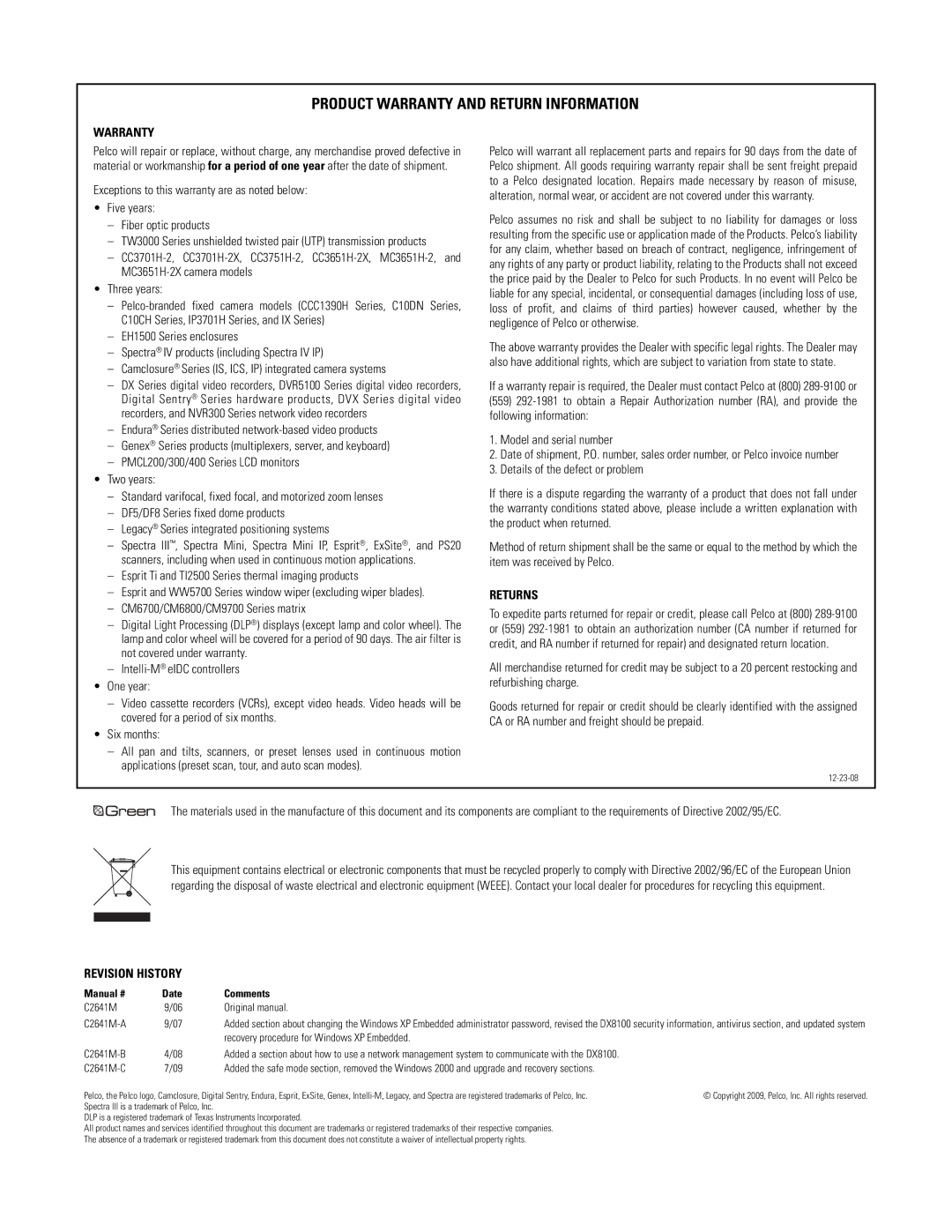 Pelco dx8100 manual Product Warranty and Return Information 