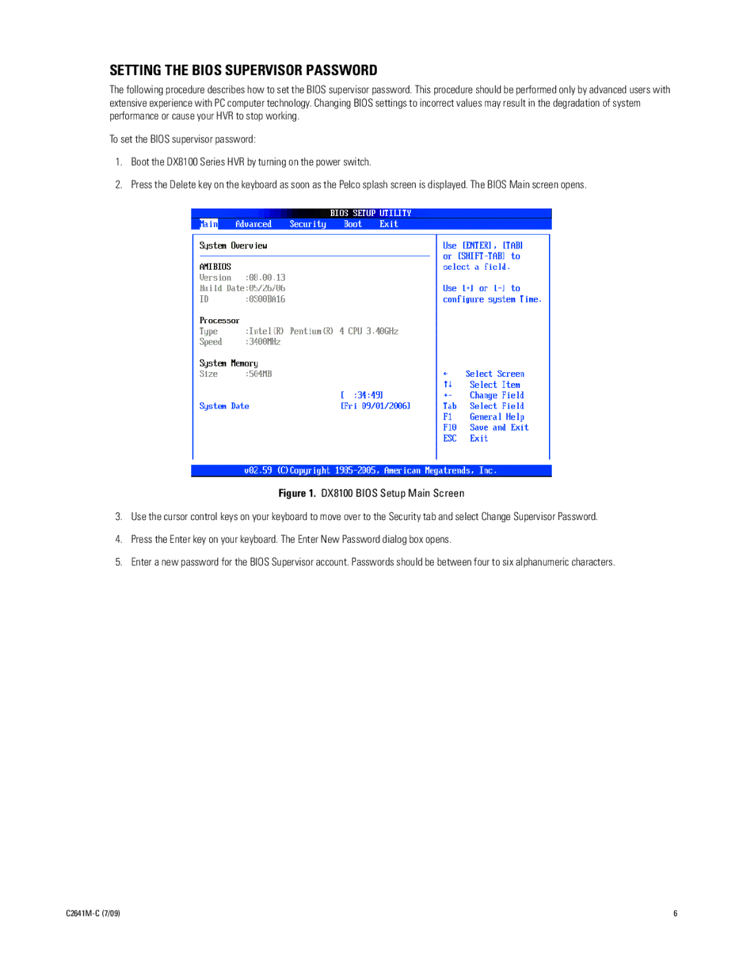 Pelco dx8100 manual Setting the Bios Supervisor Password 