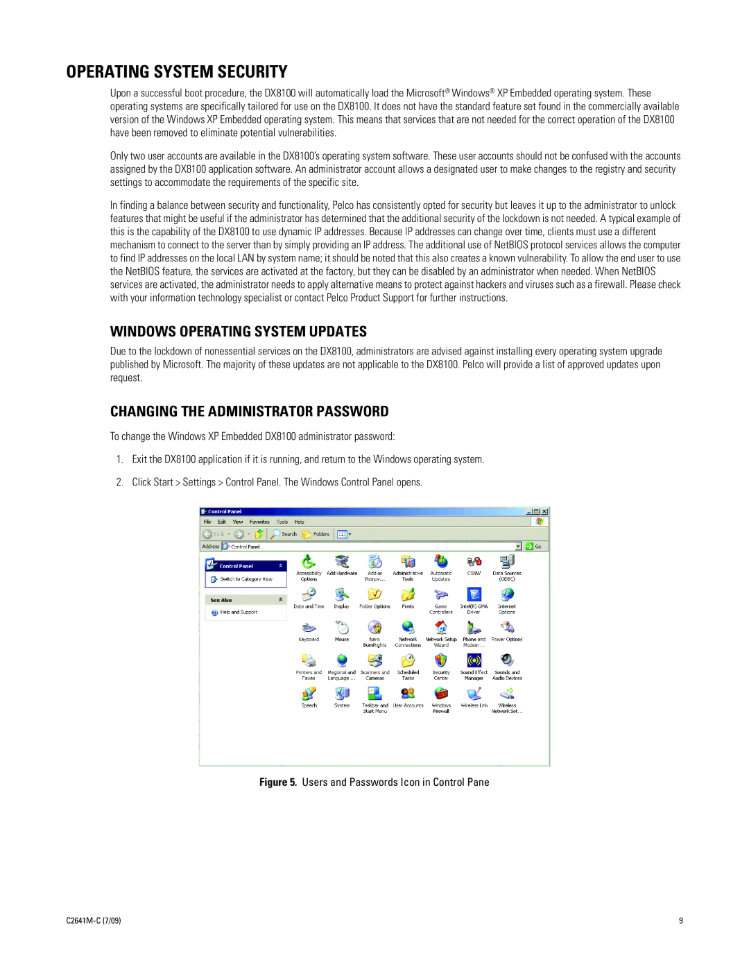 Pelco dx8100 manual Operating System Security, Windows Operating System Updates, Changing the Administrator Password 