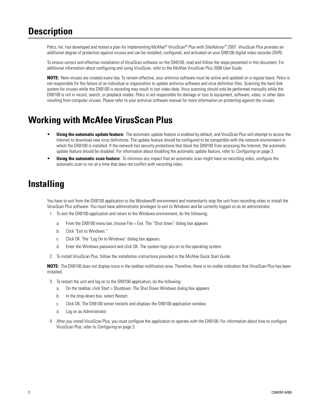 Pelco dx8100 installation instructions Description, Working with McAfee VirusScan Plus, Installing 