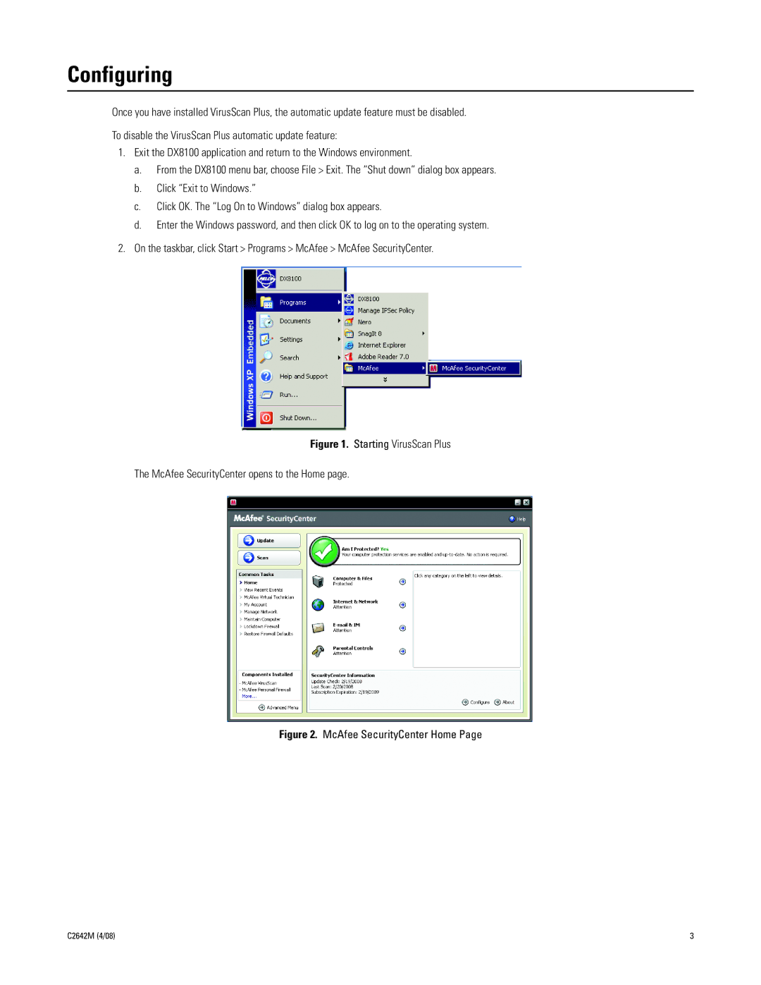 Pelco dx8100 installation instructions Configuring, McAfee SecurityCenter Home 