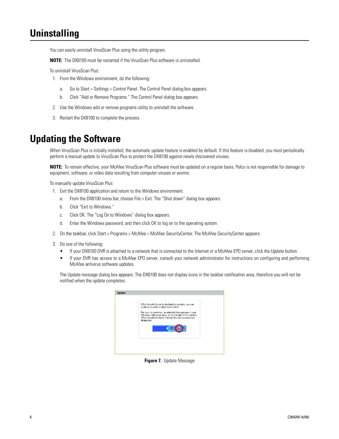 Pelco dx8100 installation instructions Uninstalling, Updating the Software 