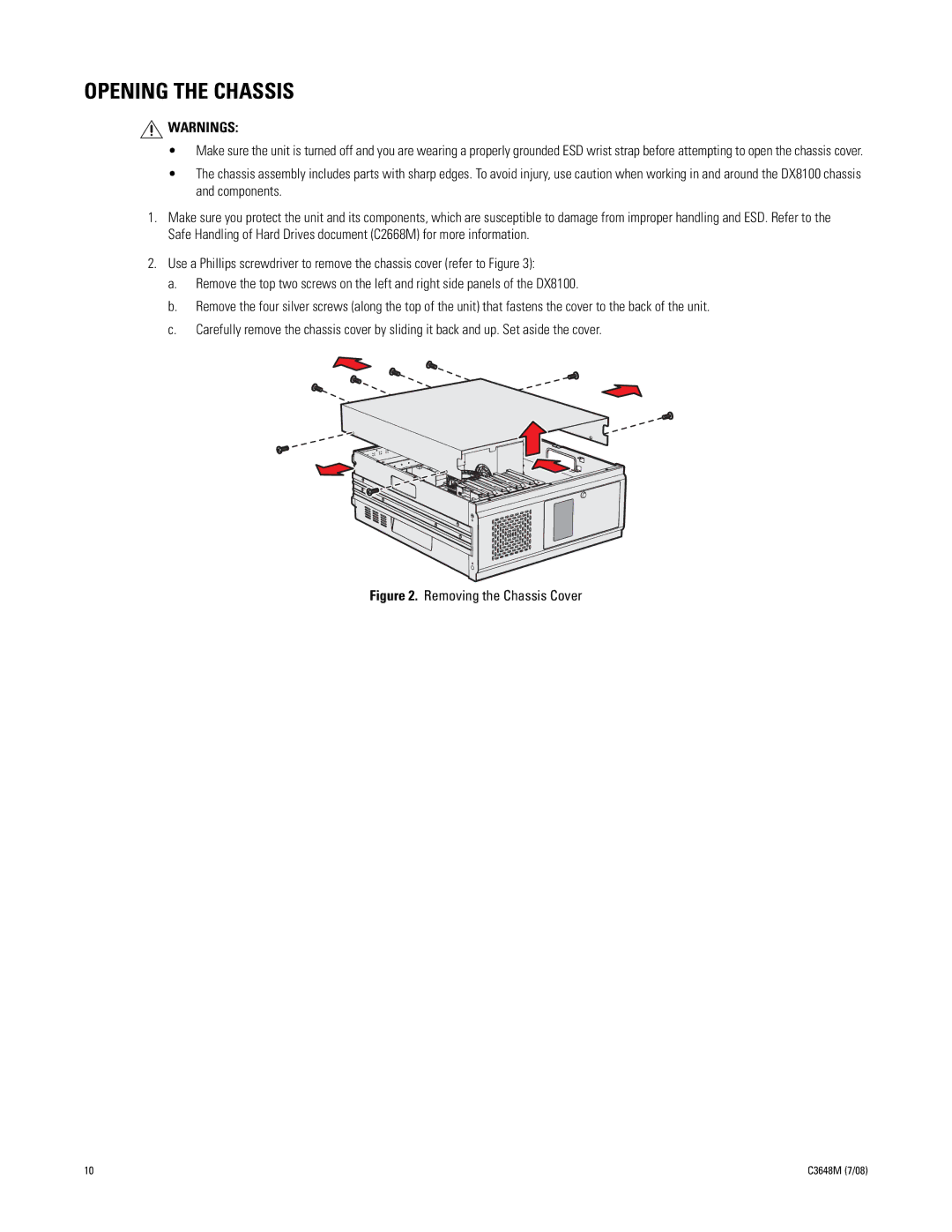 Pelco dx8100 manual Opening the Chassis, Removing the Chassis Cover 