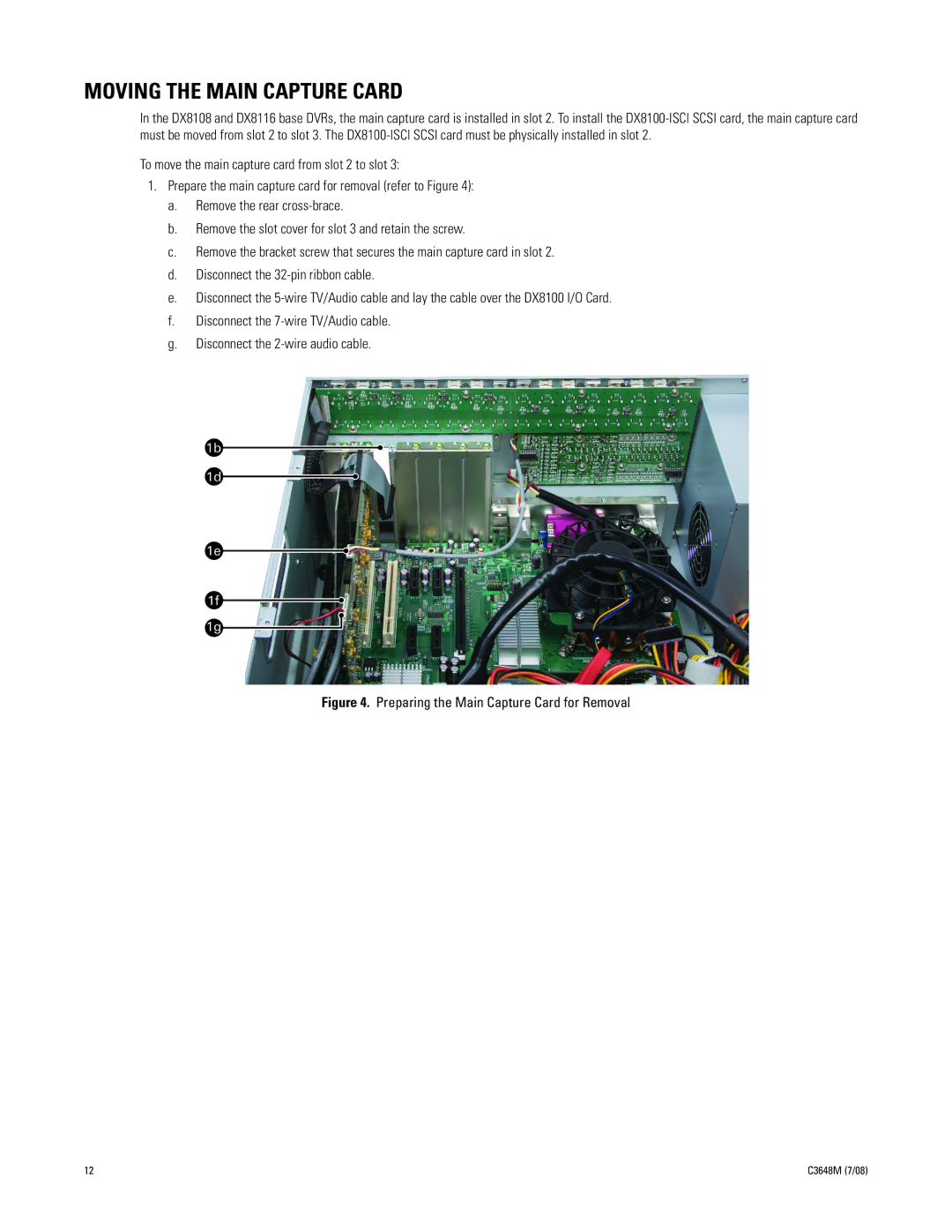 Pelco dx8100 manual Moving the Main Capture Card, Preparing the Main Capture Card for Removal 