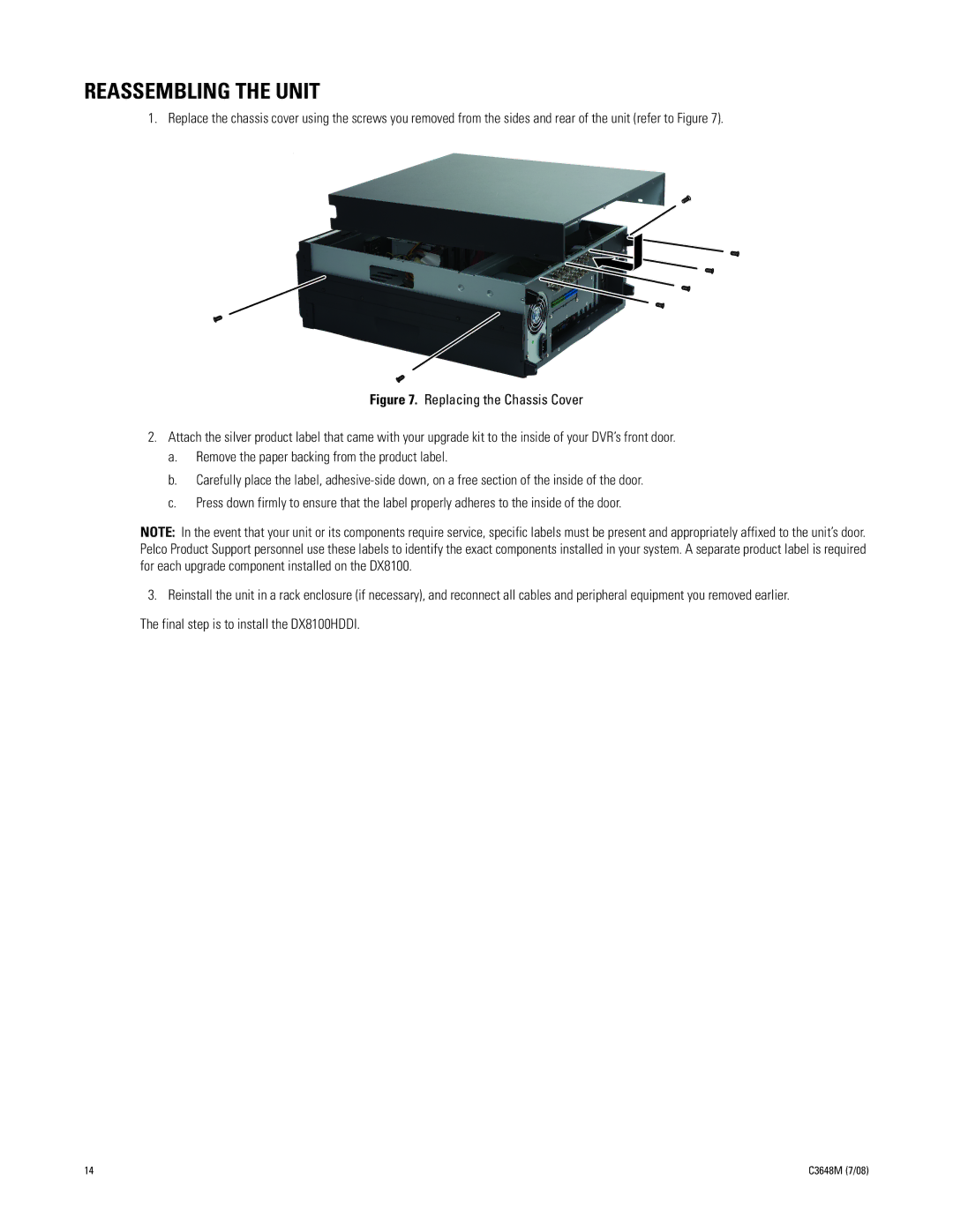 Pelco dx8100 manual Reassembling the Unit 