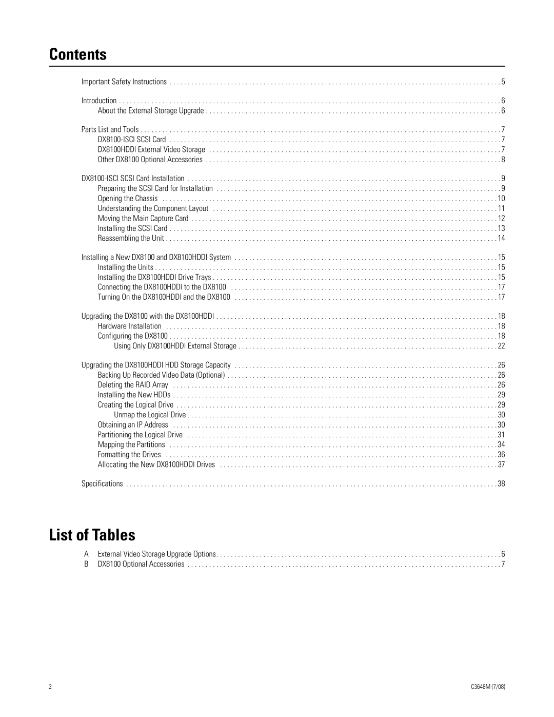 Pelco dx8100 manual Contents, List of Tables 