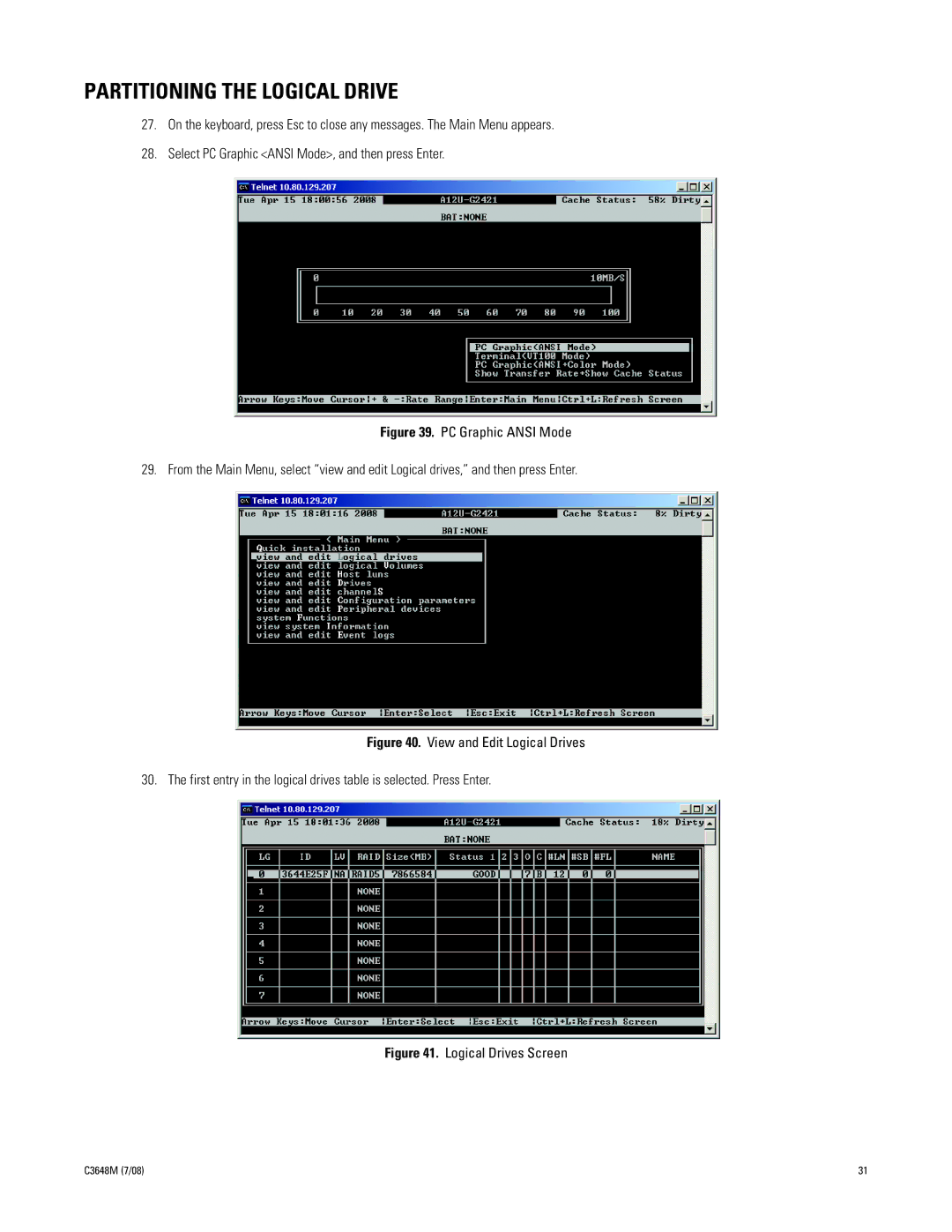 Pelco dx8100 manual Partitioning the Logical Drive, Logical Drives Screen 