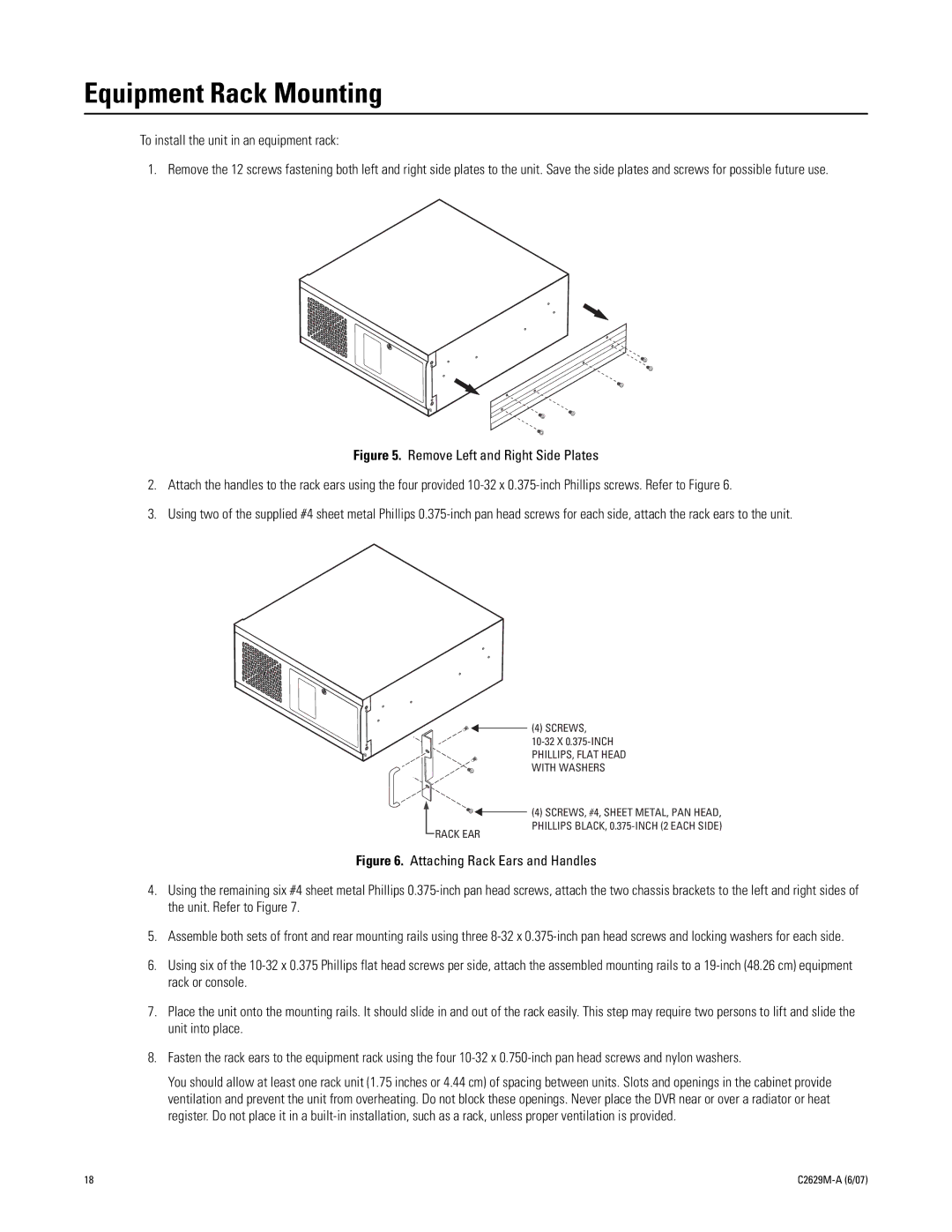 Pelco dx8100 manual Equipment Rack Mounting, To install the unit in an equipment rack 