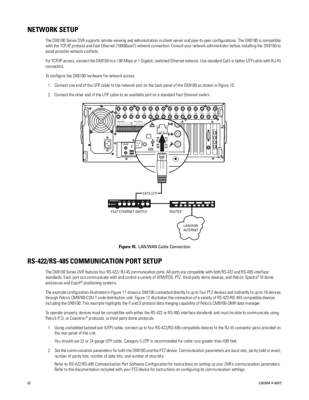 Pelco dx8100 manual Network Setup, RS-422/RS-485 Communication Port Setup 