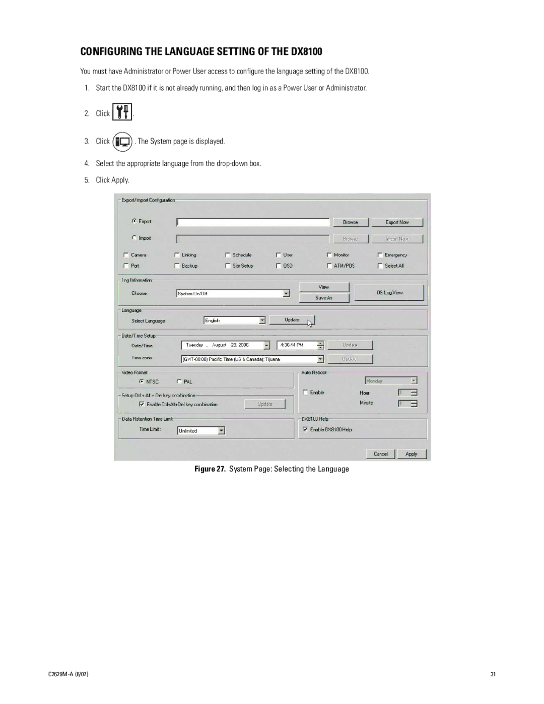 Pelco dx8100 manual Configuring the Language Setting of the DX8100, System Page Selecting the Language 