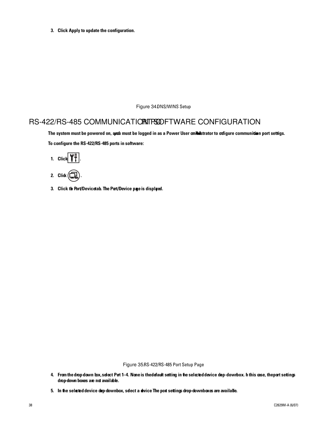 Pelco dx8100 manual RS-422/RS-485 Communication Port Software Configuration, Click Apply to update the configuration 