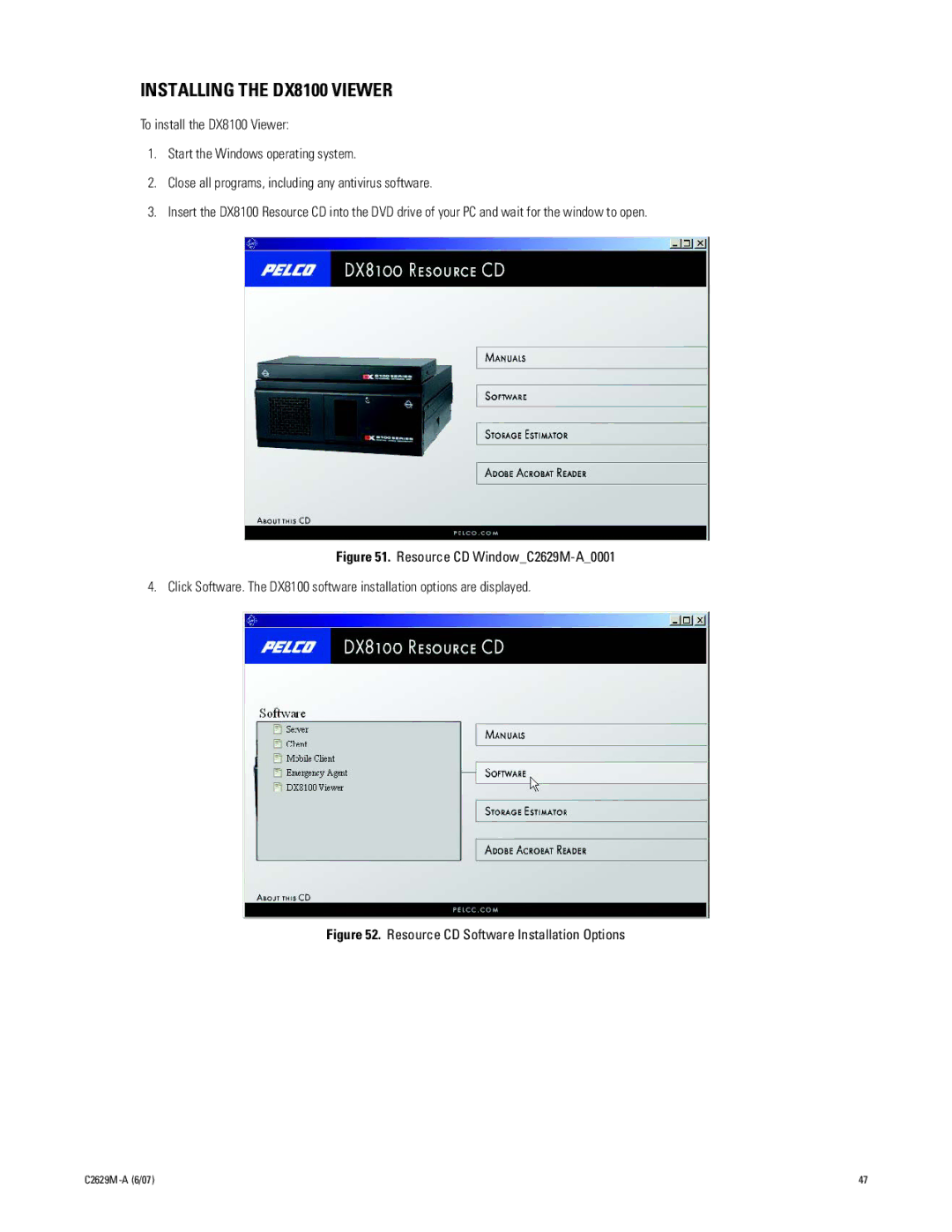 Pelco dx8100 manual Installing the DX8100 Viewer, Resource CD Software Installation Options 