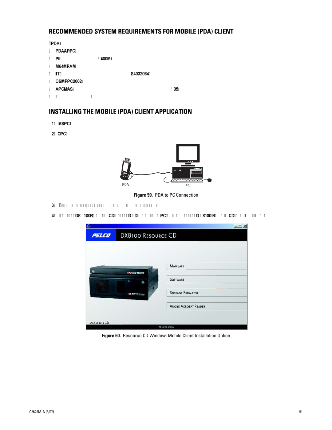 Pelco dx8100 manual Recommended System Requirements for Mobile PDA Client, Installing the Mobile PDA Client Application 