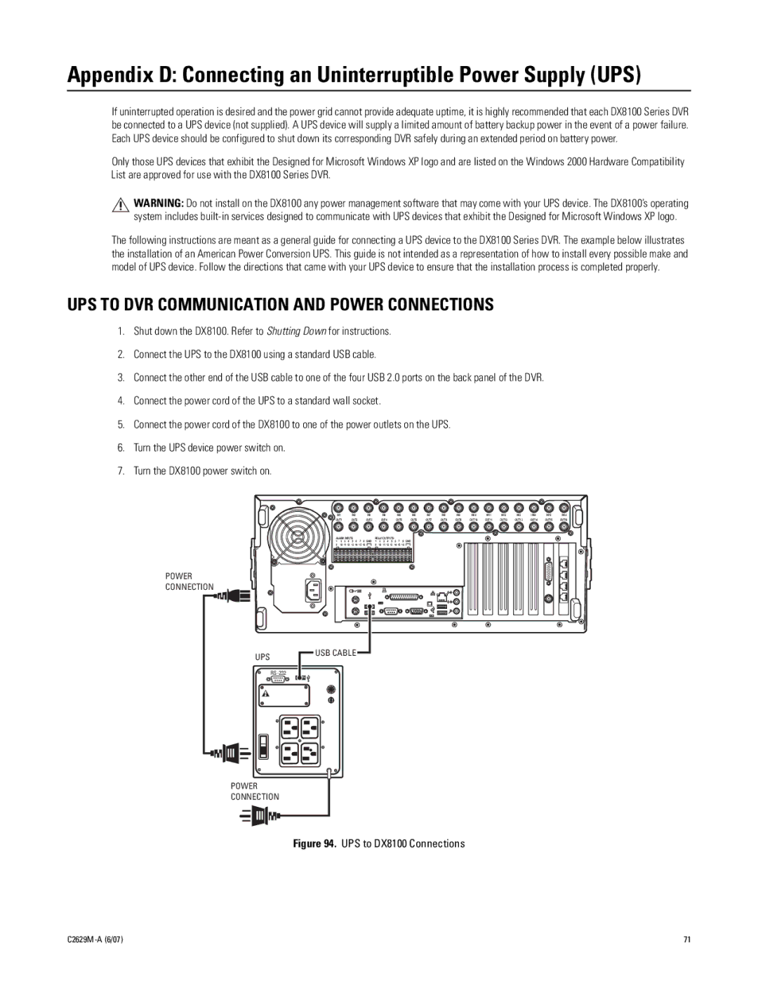 Pelco dx8100 Appendix D Connecting an Uninterruptible Power Supply UPS, UPS to DVR Communication and Power Connections 