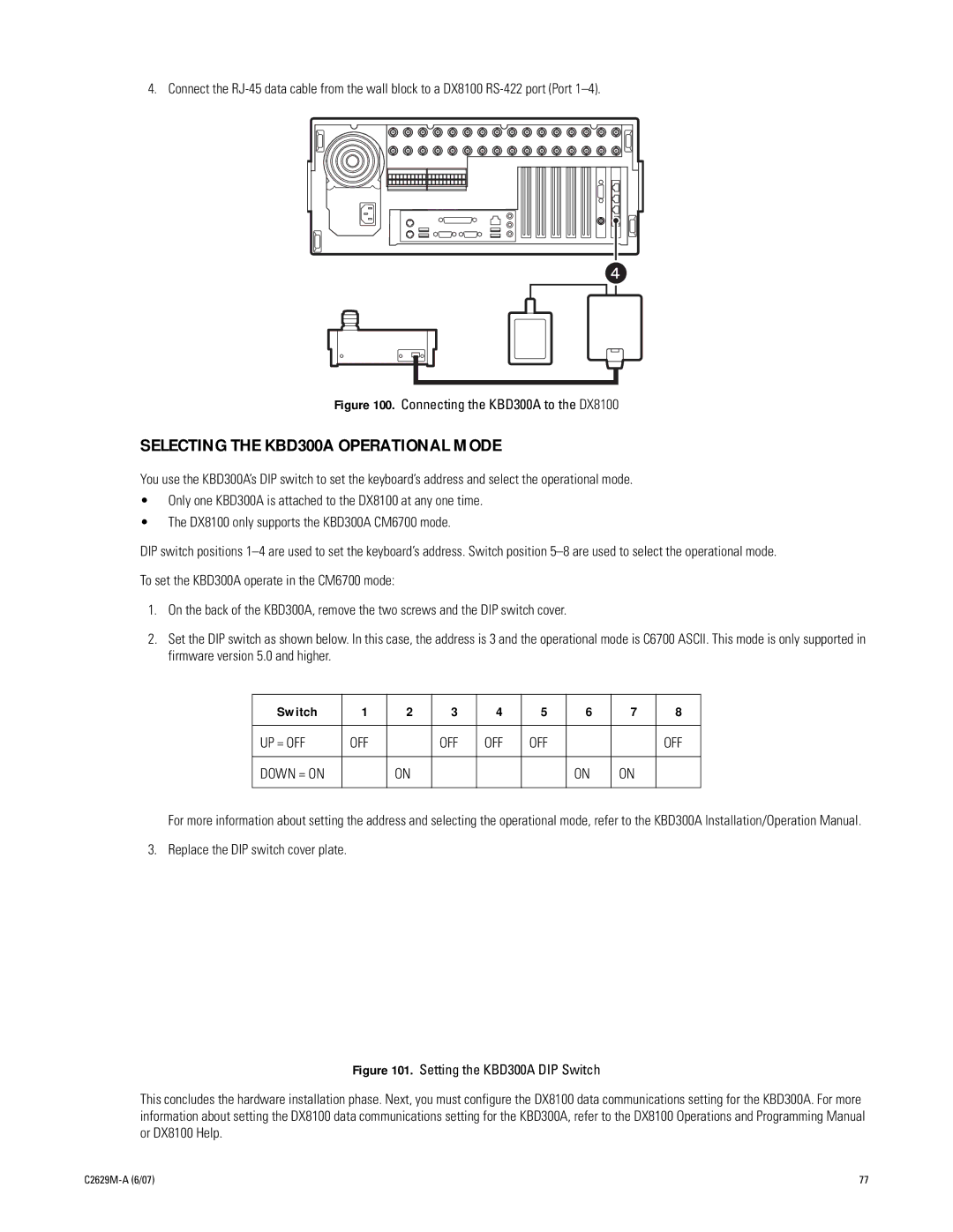 Pelco dx8100 manual Selecting the KBD300A Operational Mode, Switch, Replace the DIP switch cover plate 