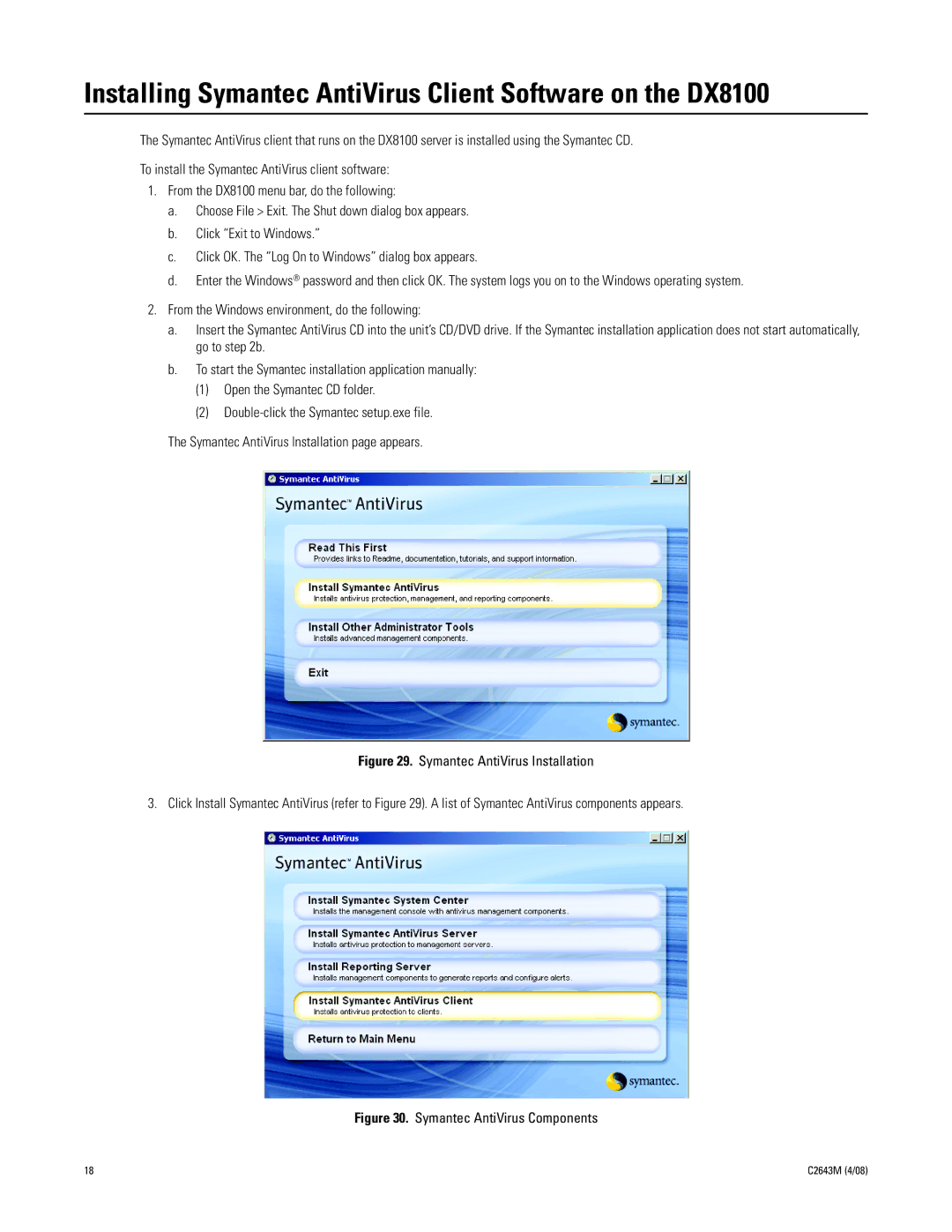 Pelco dx8100 Installing Symantec AntiVirus Client Software on the DX8100, Symantec AntiVirus Components 