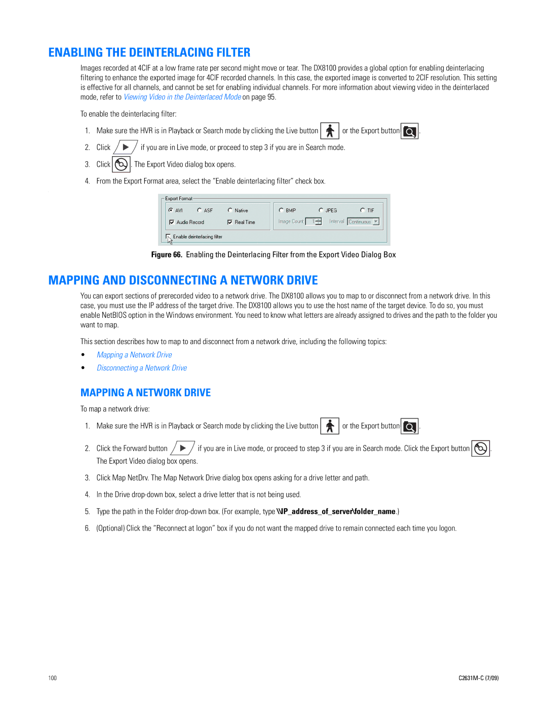 Pelco dx8100 manual Enabling the Deinterlacing Filter, Mapping and Disconnecting a Network Drive, Mapping a Network Drive 
