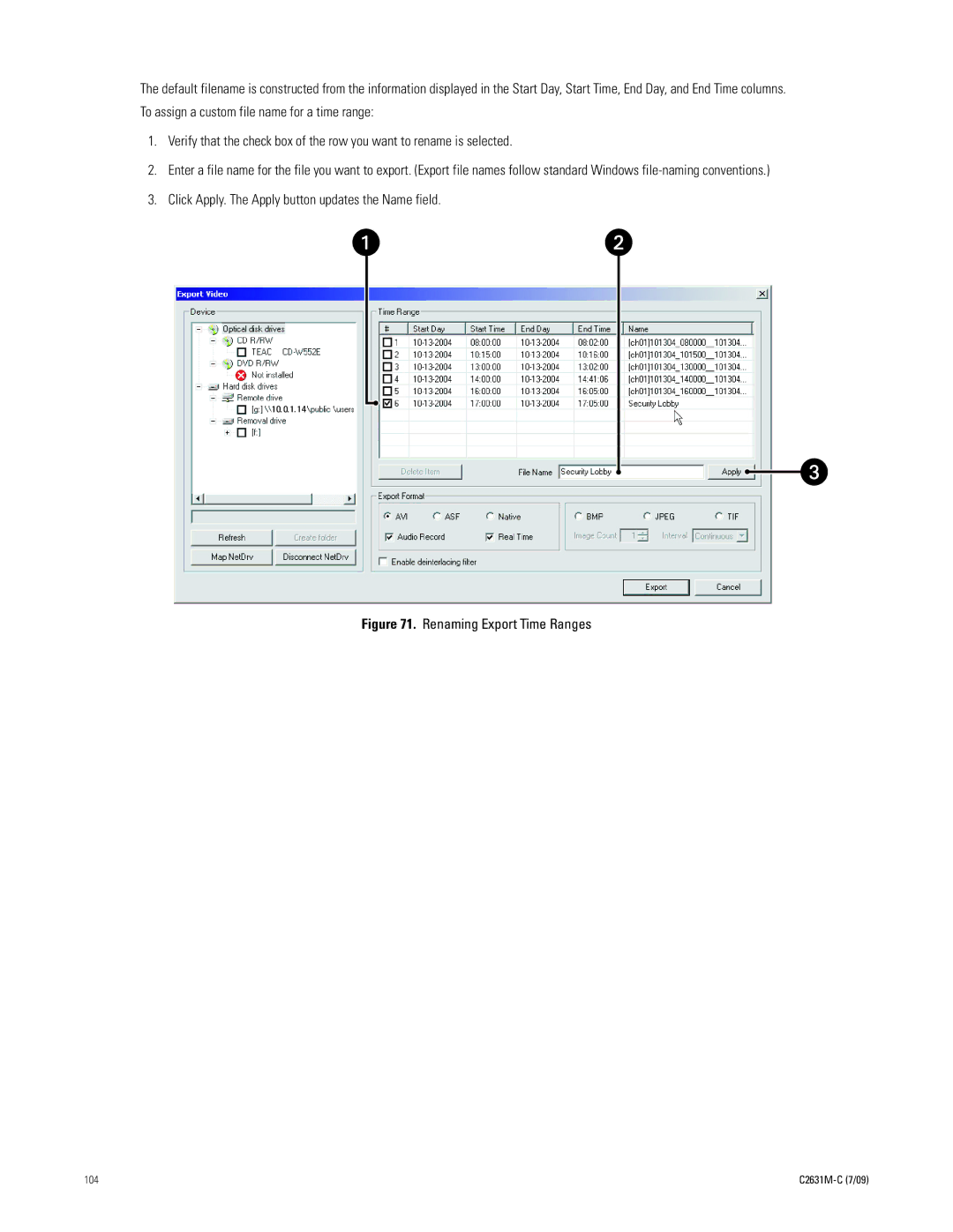 Pelco dx8100 manual Renaming Export Time Ranges 