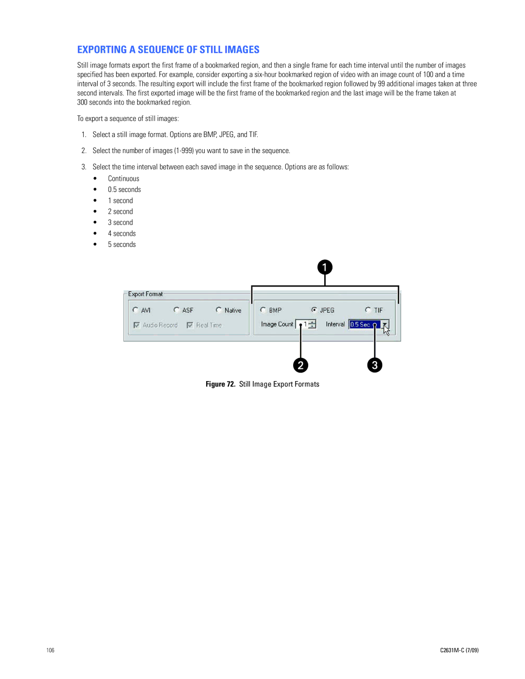 Pelco dx8100 manual Exporting a Sequence of Still Images, Still Image Export Formats 