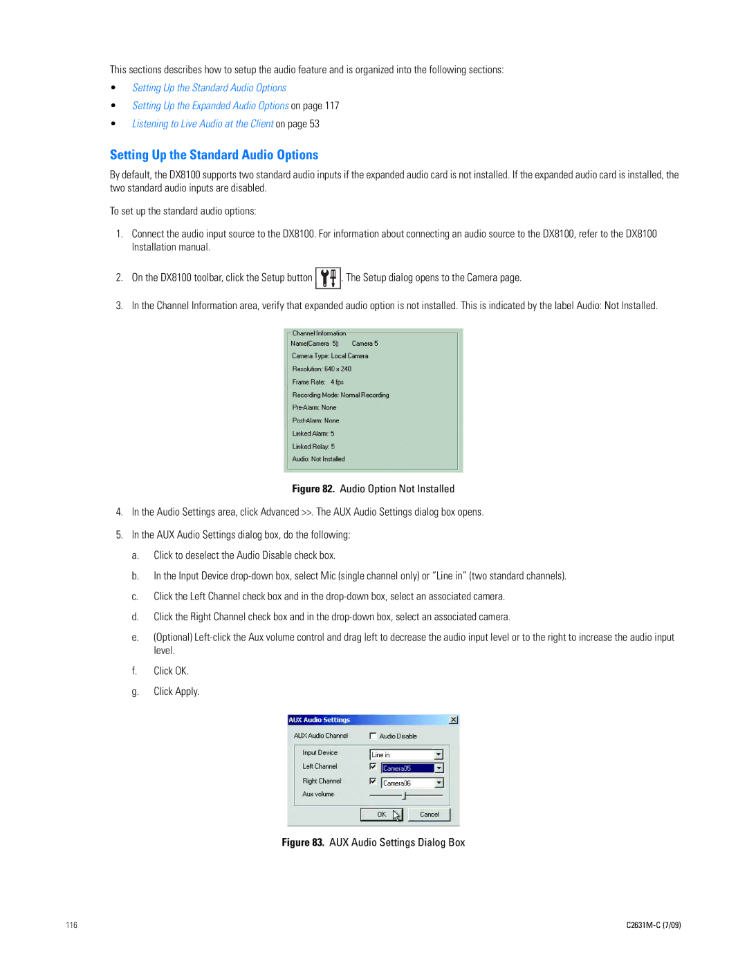 Pelco dx8100 manual Setting Up the Standard Audio Options, AUX Audio Settings Dialog Box 