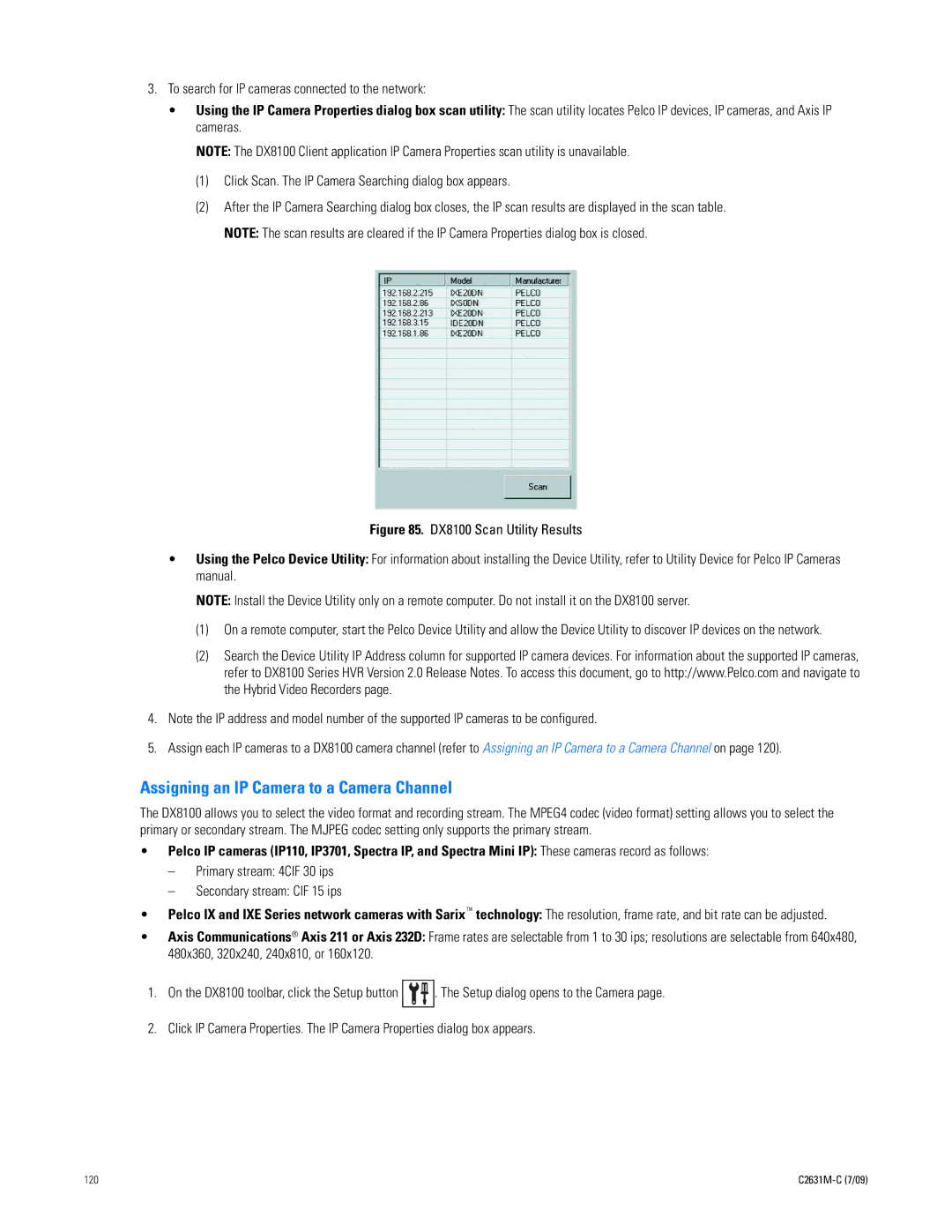 Pelco dx8100 manual Assigning an IP Camera to a Camera Channel, To search for IP cameras connected to the network 