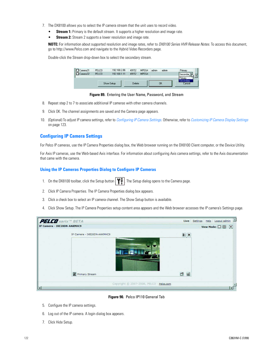 Pelco dx8100 manual Configuring IP Camera Settings 