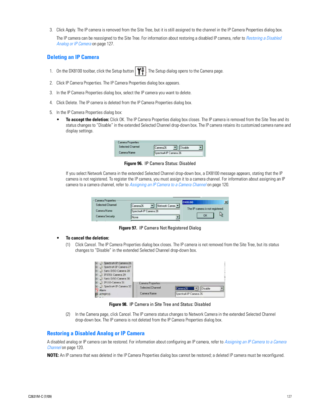 Pelco dx8100 manual Deleting an IP Camera, Restoring a Disabled Analog or IP Camera, To cancel the deletion 