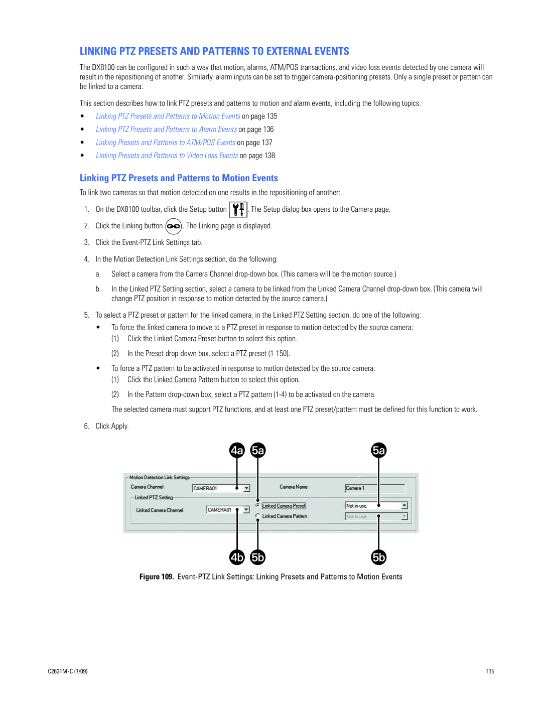 Pelco dx8100 manual Linking PTZ Presets and Patterns to External Events, Linking PTZ Presets and Patterns to Motion Events 