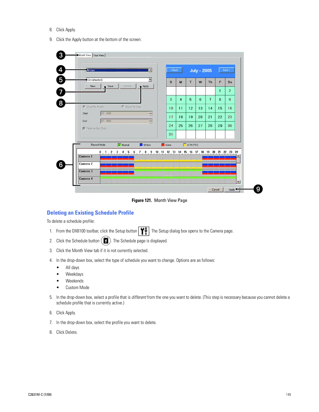 Pelco dx8100 manual Deleting an Existing Schedule Profile, Month View 